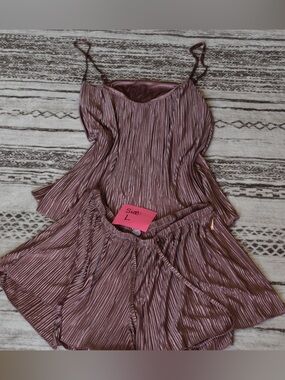 Women’s Satin-Look Mauve Pleated Pajama Set - Spaghetti Strap Cami & Shorts